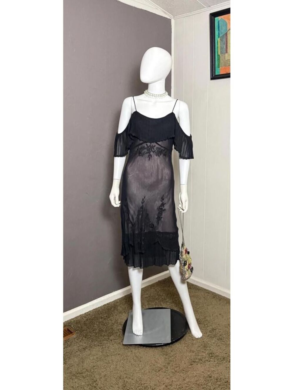 1990's Embroidered Chiffon Slip Dress: Boho Whimsy Black Sheer